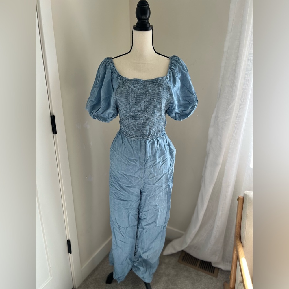 Three Bird Nest Light Blue Puff Sleeve Denim Jumpsuit